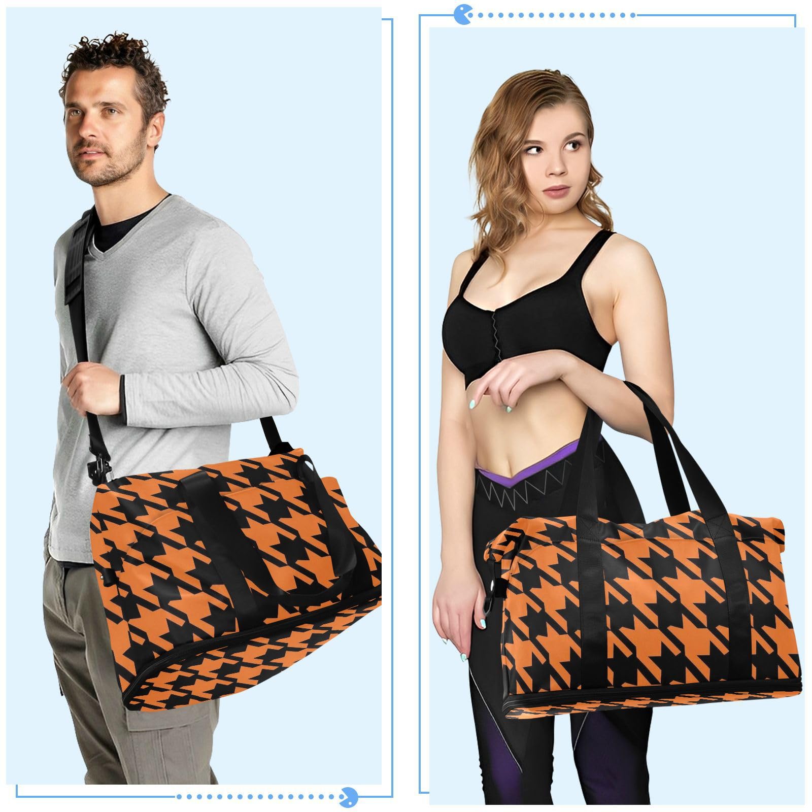 Lot de 2 sacs de voyage motif pied-de-poule orange avec poche humide et sangle réglable pour le yoga pour homme et femme