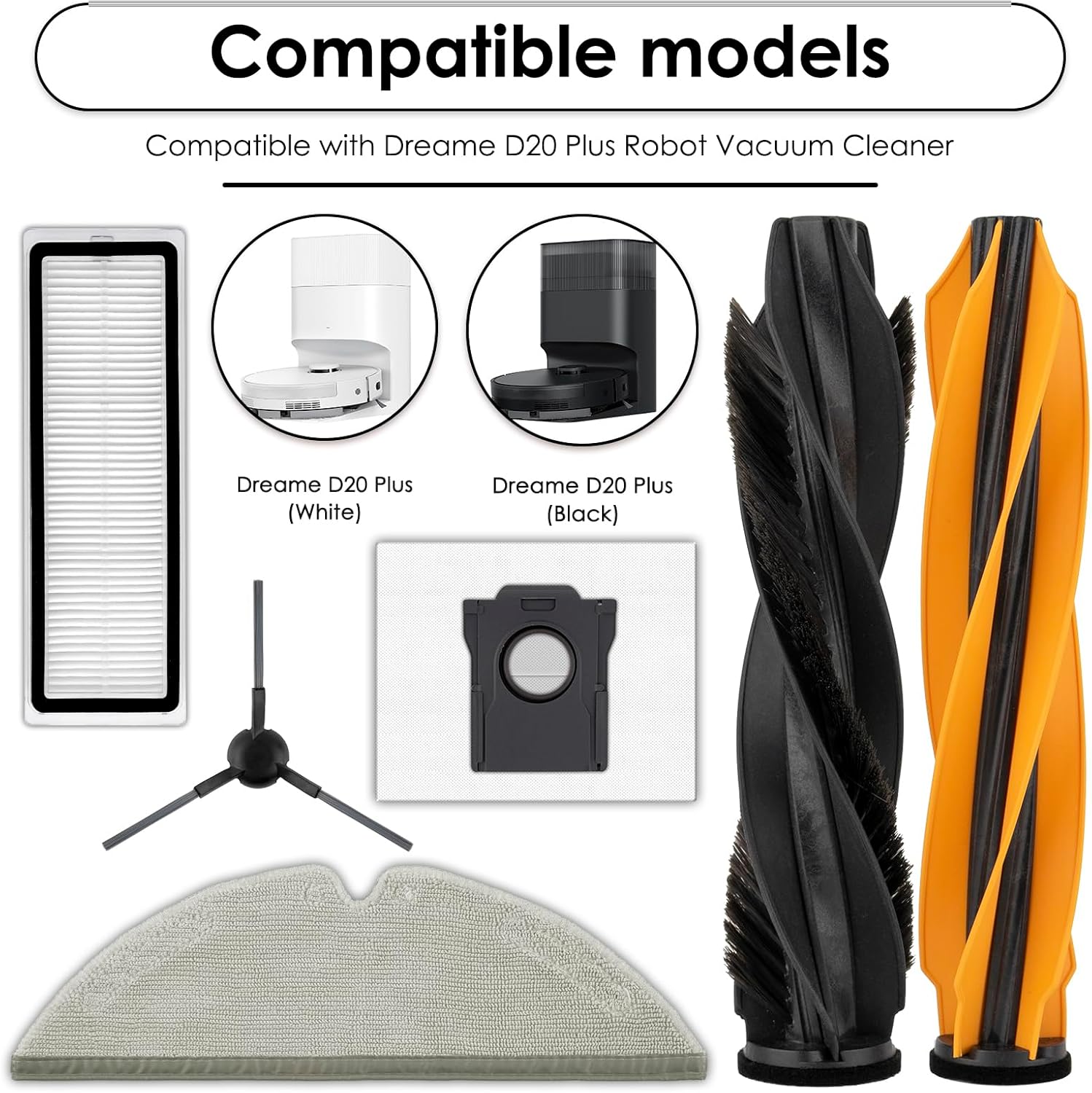 (18 Pack) D20 Pro Plus Replacement Parts Compatible with Dreame D20 Pro Plus Robot Vacuum Cleaner, 2 Roller Brushes, 5 Mop Pads, 3 HEPA Filters, 4 Dust Bags, 4 Side Brushes, Accessories Kit