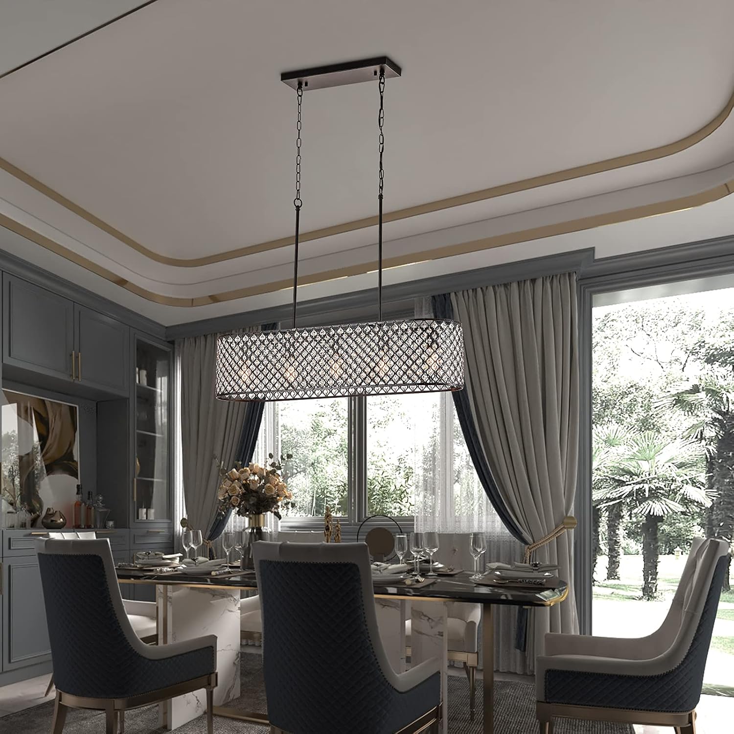 Limited Maxax 5 Lights Crystal Chandelier, Modern Island Pendant Light, Oval Hanging Light Fixture, ETL Listed, Adjustable Chain for Living Room, Dining Room, Kitchen Island, Antique Black