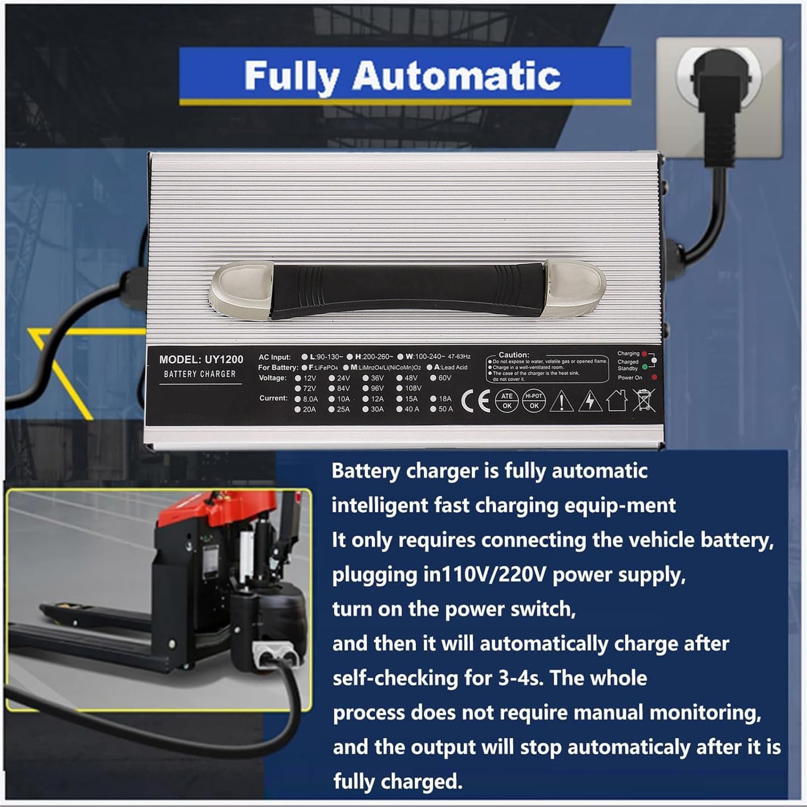 Cargador de batería de 12 V/24 V/36 V/48 V/60 V/72 V Cargador de montacargas eléctrico de 1200 W con Conector Anderson de 120 A/175 A/350 A