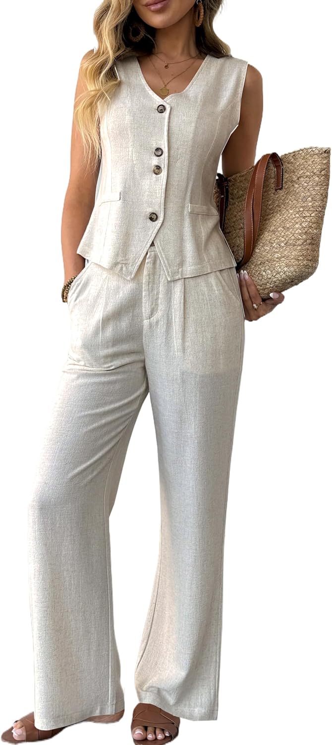 Women's 2 Piece Outfits Cotton Linen Vest Waistcoat Dressy Casual Sets Summer Wide Leg Pants Suits