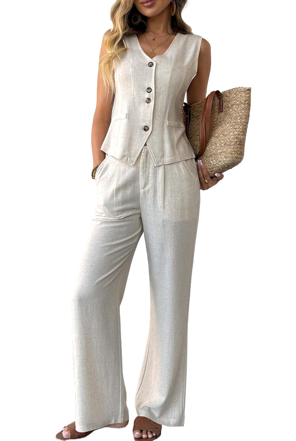 Womens 2 Piece Outfits Cotton Linen Vest Waistcoat Dressy Casual Sets Summer Wide Leg Pants Suits