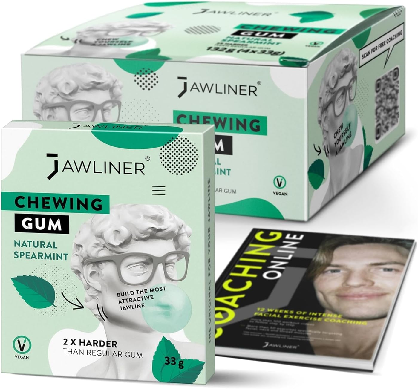 Jawliner® Hard Jwaline Chewing Gum - Sugar Free Spearmint Tough Jaw Gum - Jaw Exerciser Strong Mewing Jawline Mistic Gum - 2x Harder than Regular Chewing Gum 130 Grams (48 Strips)