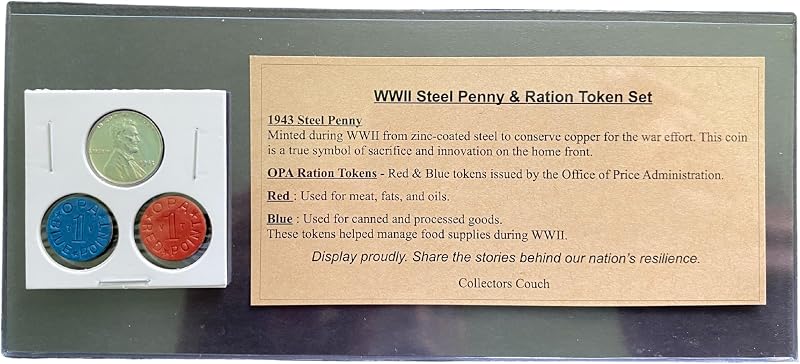 Juego de fichas de racionamiento y centavos de acero de la Segunda Guerra Mundial – Centavo Lincoln en tiempos de guerra de 1943 + fichas de racionamiento de alimentos OPA rojas y azules – Coleccionable histórico de la Segunda Guerra Mundial – Regalo patriótico para amantes de la historia y coleccionistas de monedas