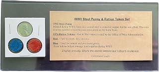 Juego de fichas de racionamiento y centavos de acero de la Segunda Guerra Mundial – Centavo Lincoln en tiempos de guerra de 1943 + fichas de racionamiento de alimentos OPA rojas y azules – Coleccionable histórico de la Segunda Guerra Mundial – Regalo patriótico para amantes de la historia y coleccionistas de monedas