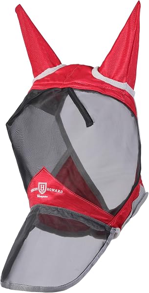Harrison Howard CareMaster Pro Maschera luminosa contro le mosche per cavalli, ampio spazio per gli occhi, naso lungo, copri orecchie, protezione UV per cavalli, rosso, taglia XL, extra full - 2