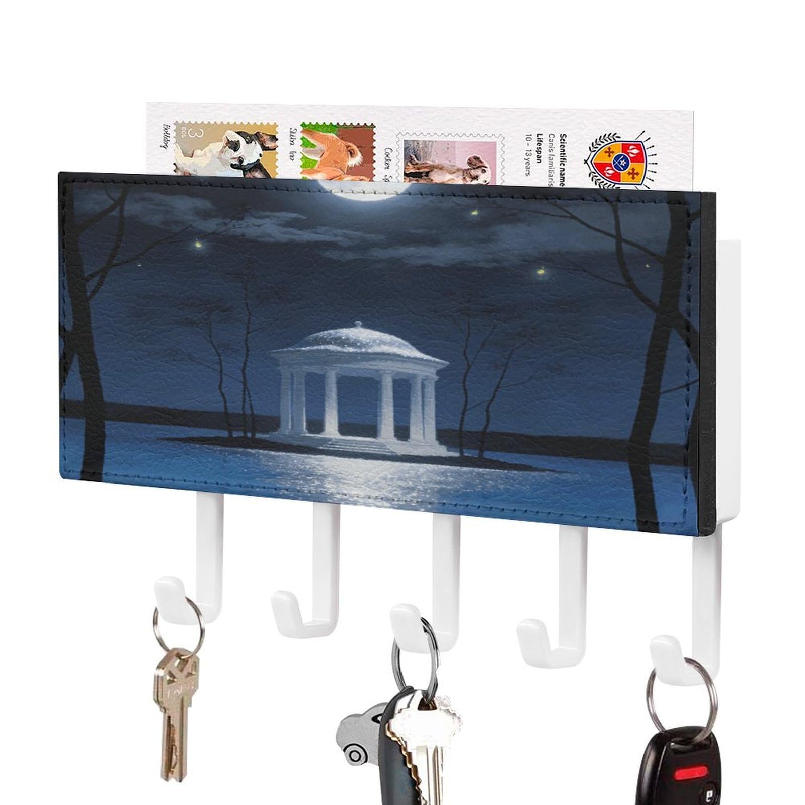 Vstadank White-Style Moonlit Key Holder Wall Mount Pu Key Rack Decorative Key And Mail Holder Wall Key Organizer With 5 Key Hooks Key Hanger For Entryway Kitchen Living Room Office Doorway Decor White