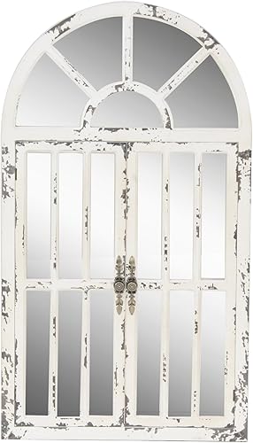 Deco 79 Espejo de pared inspirado en paneles de ventana de madera con parte superior arqueada y desgastado, 26 x 3 x 46 pulgadas, color blanco