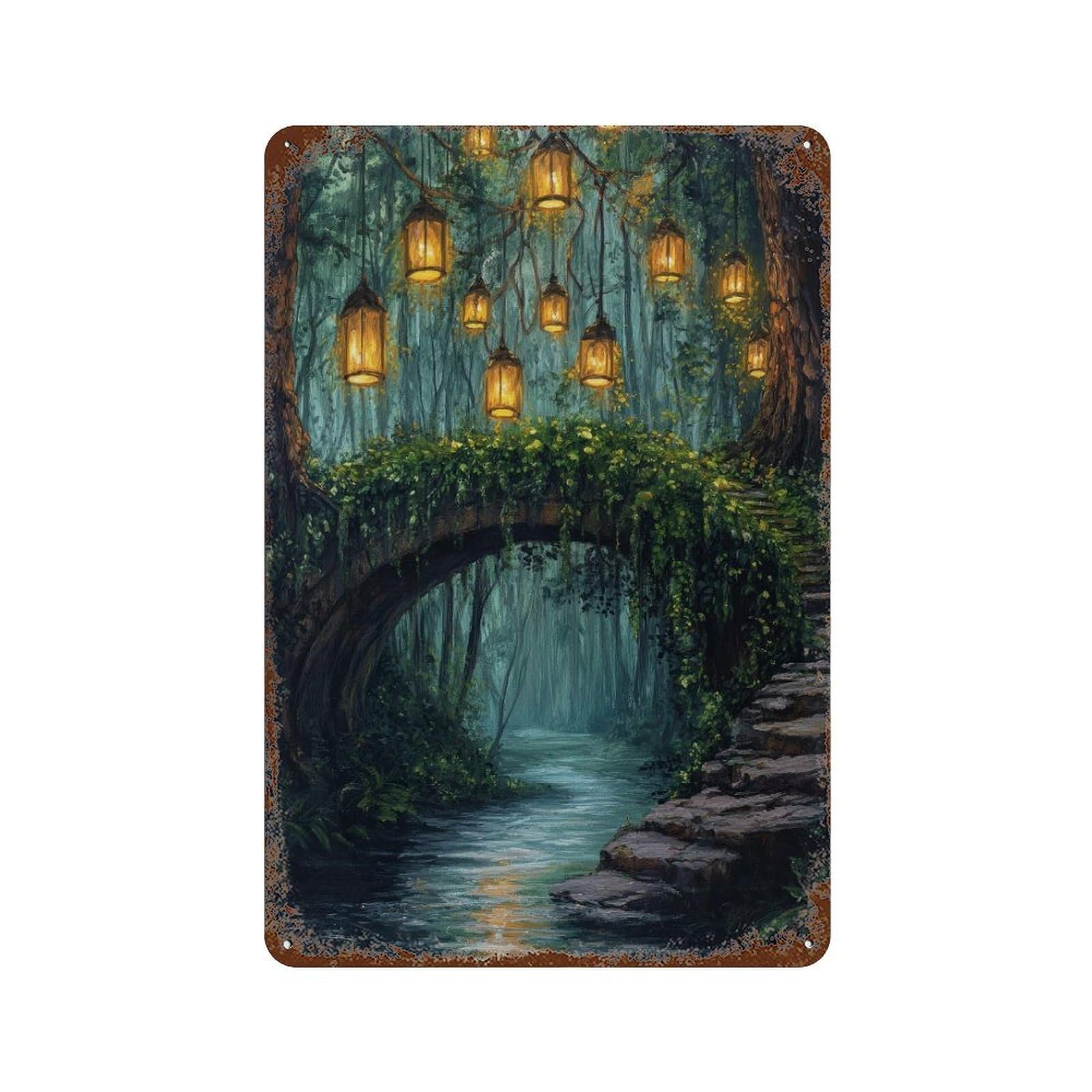 Enchanted Bridge with Lanterns Cottagecore Decor Dark Academia Magical Forest Illustration Vintage Wall Decor Art Metal Tin Poster Modern Home Decor Art Home Bar Shop Decorations Vintage Sign 30x20cm
