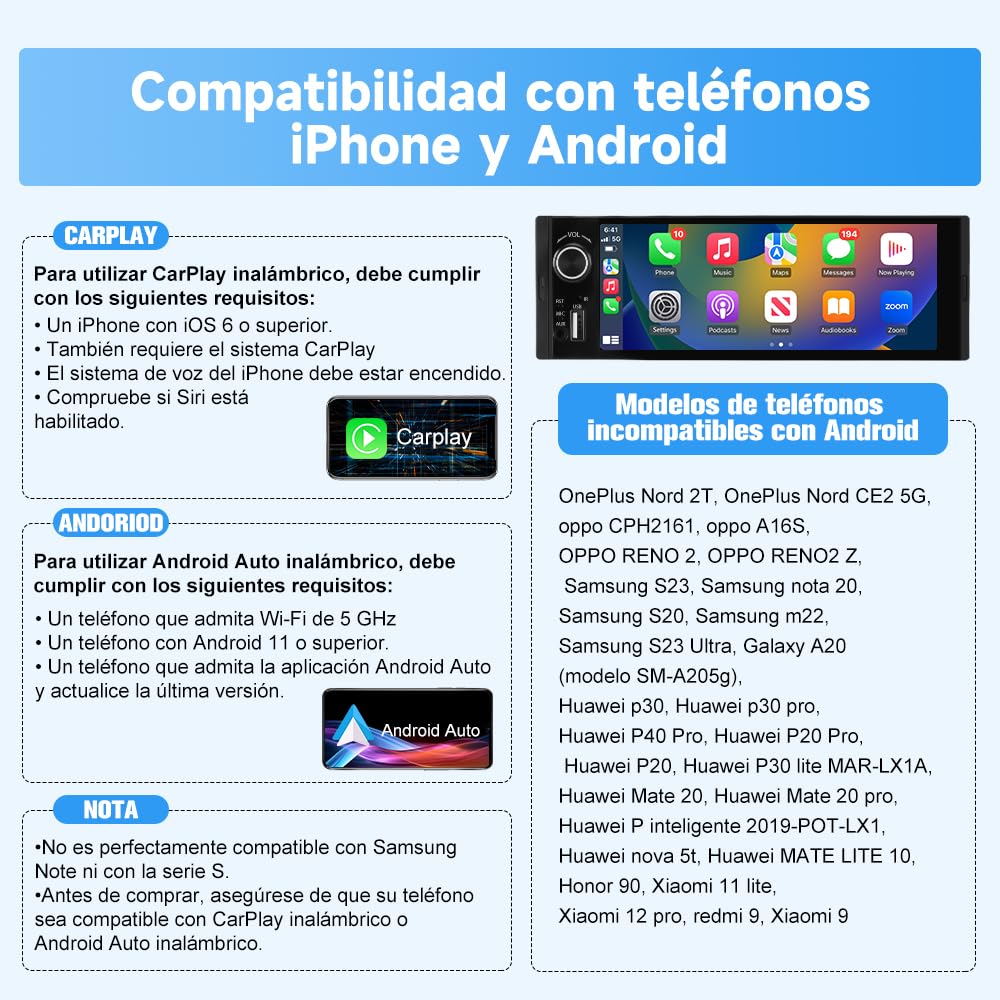 1 DIN Radio Coche Universal con Pantalla Táctil 6.36 Pulgadas, con CarPlay/AndroidAuto, Admite Carga Type-C/USB/Micrófono/FM/EQ/WiFi/GPS/Bluetooth/USB/SWC y Cámara Trasera