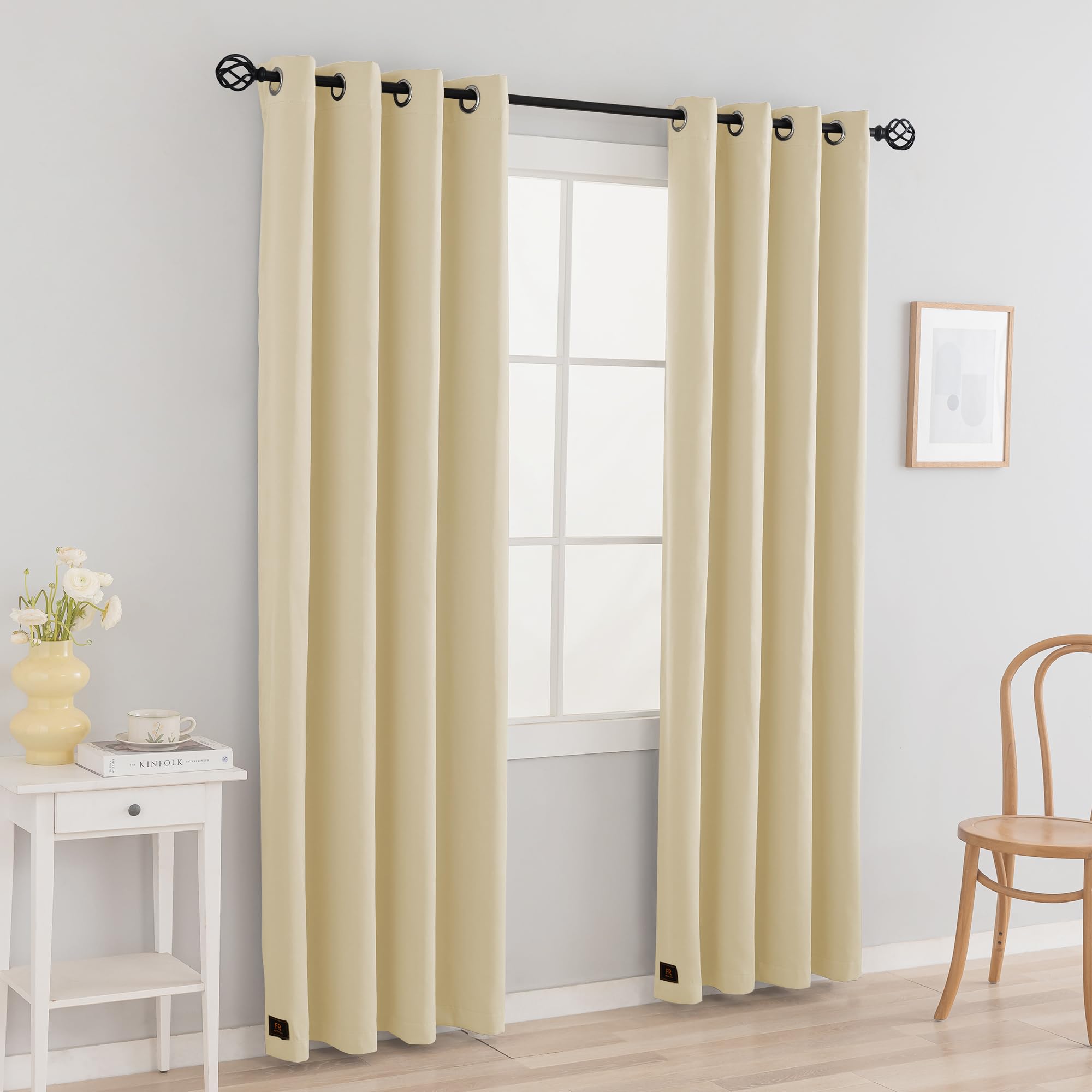 Phating 2 Panels Flame Retardant Blackout Curtains, Beige, W52 x L63