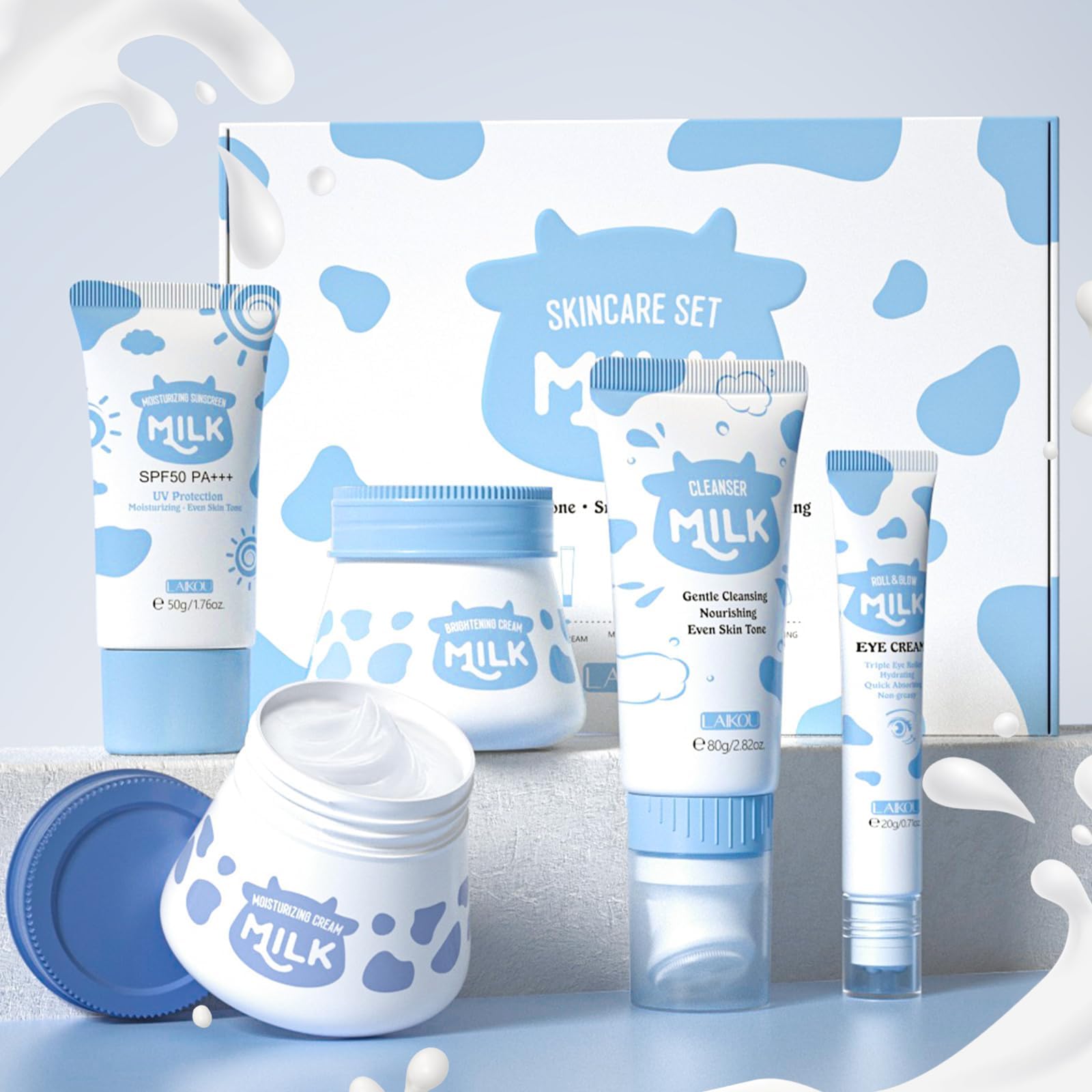 Laikou Milk Skincare Set, 5Pcs Skin Care Kit，With Cleanser, Eye Cream, Moisturizer Sunscreen, Suitable For All Types