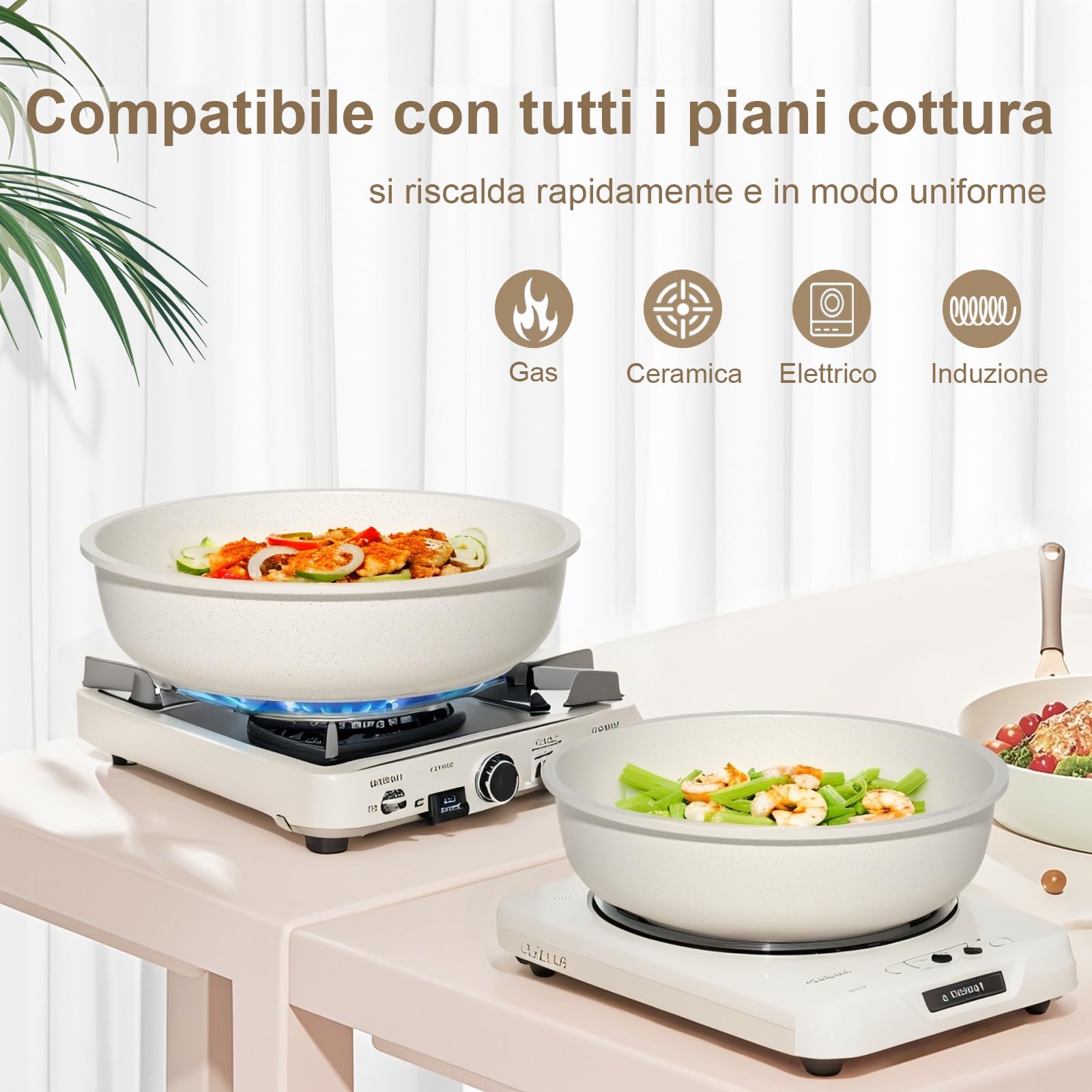 YASHE Set da 13 pentole e padelle antiaderenti, set di pentole a induzione, set di pentole da cucina con manico staccabile, lavabile in lavastoviglie e forno, bianco crema