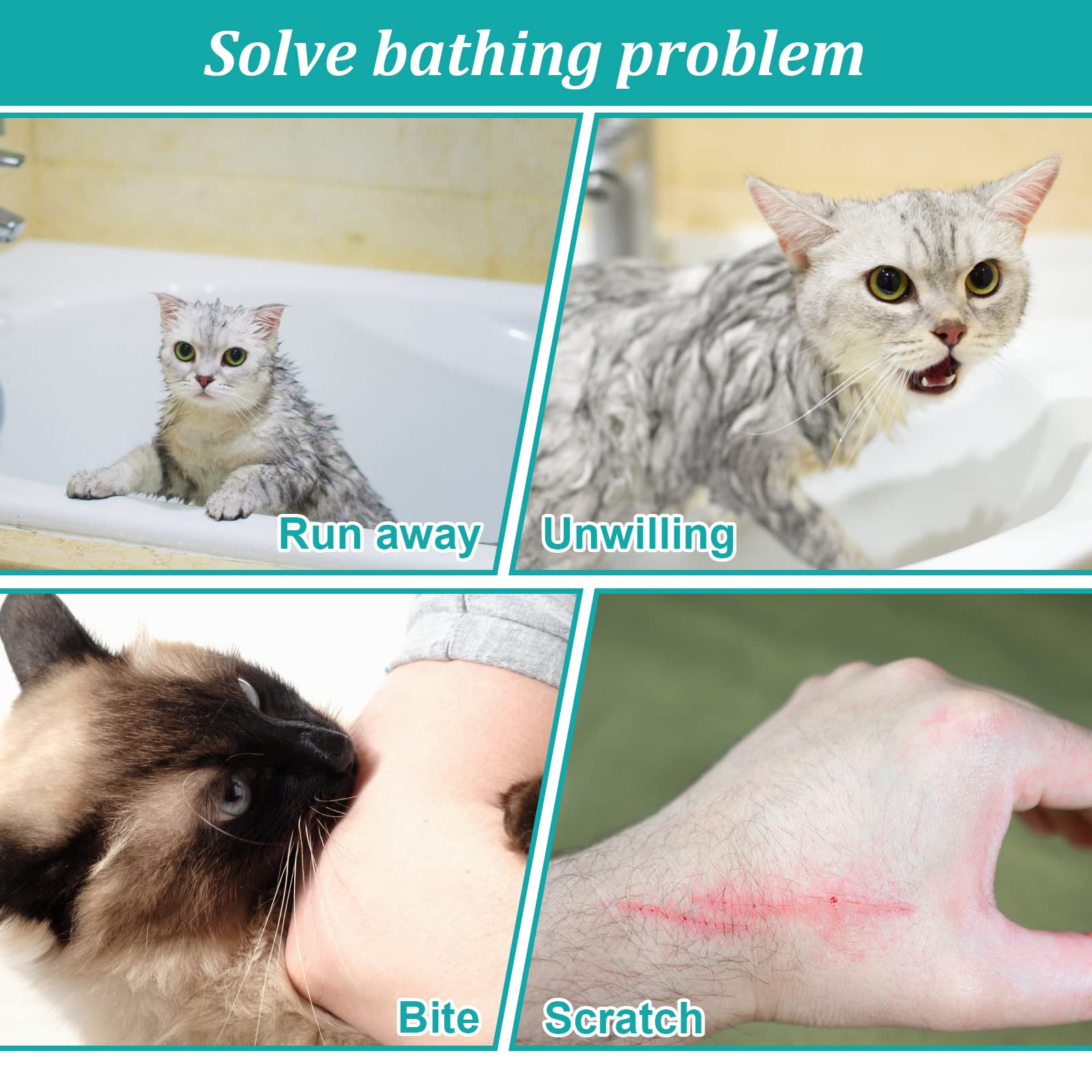 Breathable Mesh Shower Bag - Anti Scratch Adjustable Grooming for Nail Trimming, Bathing - Polyester Soft Cat Washing (White-Green)