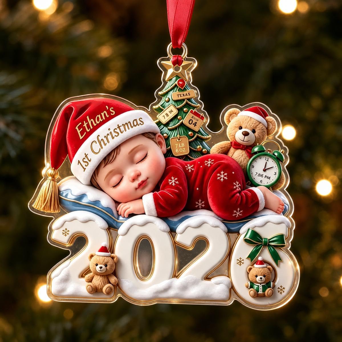Personalised Baby's First Christmas Ornament, Custom Christmas Bauble with Name & Birth Details, 2D Flat Acrylic Christmas Tree Decoration, First Christmas Keepsake, New Baby Gift