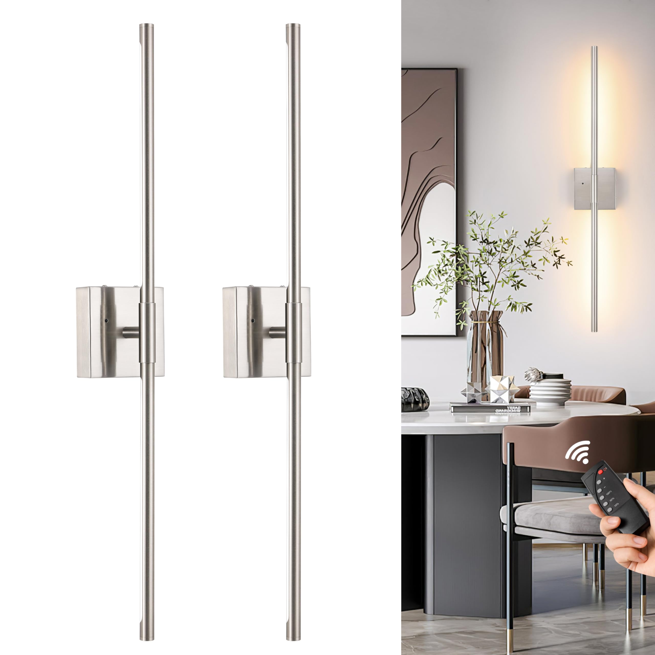 30 Inch Rechargeable Battery Operated Wall Sconces Set of 2, Dimmable Wall Lights with Remote, Touch Control, Modern LED Wireless Sconce for Living Room, Bedroom, 3000K, Sand Nickel, 2 Pack