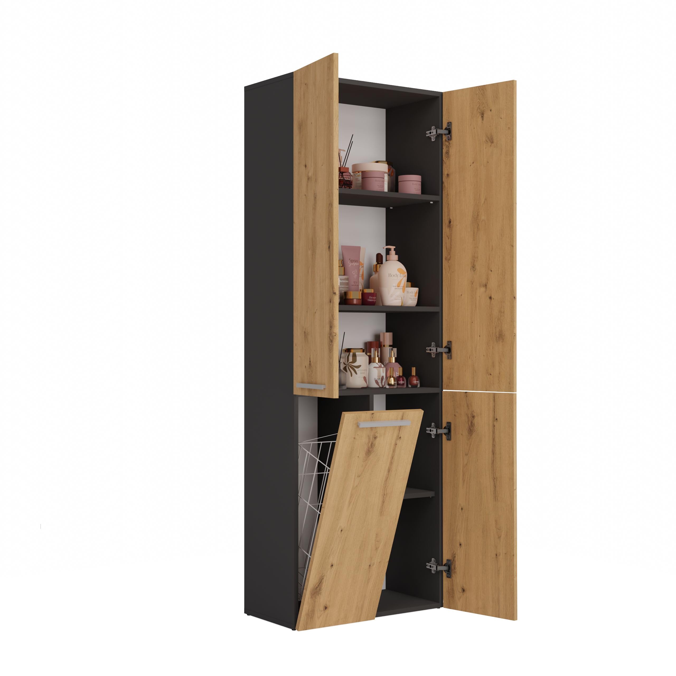 ARREDO DA CASA Armadio Bagno a Colonna con Cesto Portabiancheria, 3 Ante Battenti e Anta a Ribalta, Mobile Salvaspazio 60x174x30 cm, in Diversi Colori ABT1 (Rovere/antracite)