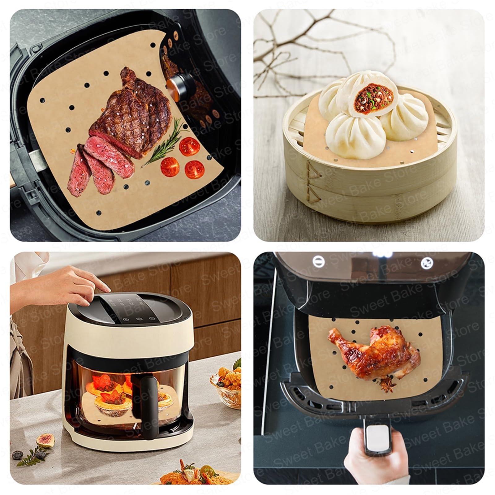 papier de charcuterie Tapis de cuisson carré perforé for friteuse à air, papier sulfurisé antiadhésif sans huile for friteuses, micro-ondes et cuiseurs vapeur(23CM 200PCS)