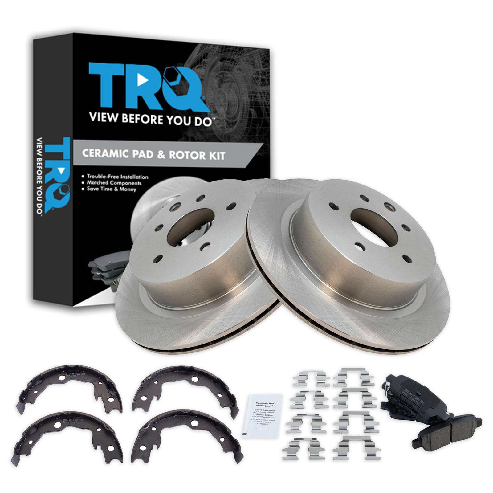 TRQ Rear Brake Pad and Rotor Set Ceramic Parking Brake Shoes Compatible with 2011-2022 Nissan Leaf 2008-2013 Rogue 2014-2015 Rogue Select