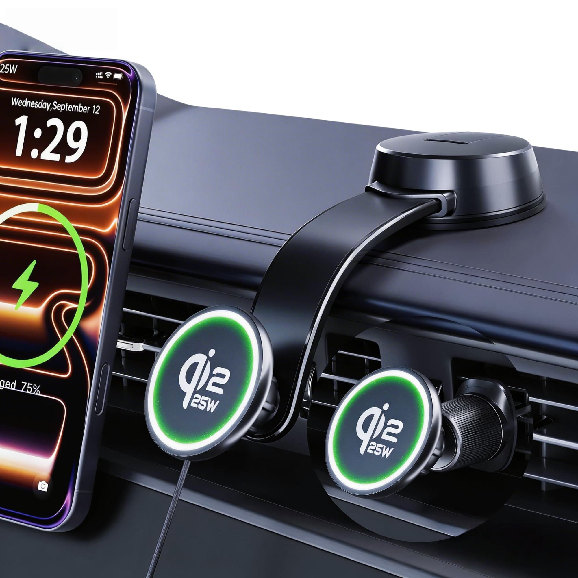 Mise à niveau [certifié Qi2.2] 25 W pour chargeur de voiture sans fil MagSafe, 2 x charge rapide [aspiration sûre 90 LBS] Support de téléphone magnétique pour tableau de bord pare-brise pour iPhone 17