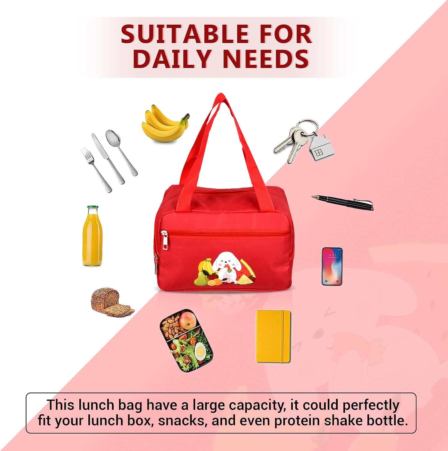 Kuber Industries Lunch Bag | Thermal Insulated Lunch Bag | Lunch Bag for Office | Lunch Bag for Camping with Front Pocket | Waterproof Tiffin Cover with Handle | Fruit Rabbit-Print | Red