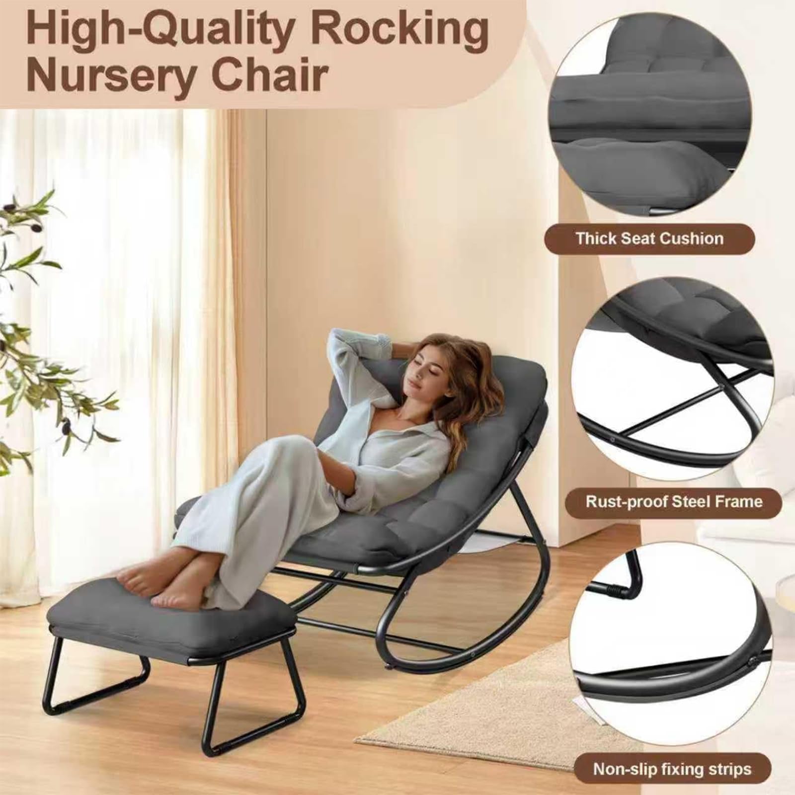 Schaukelstuhl mit Hocker, Schaukelsessel, Schaukelstuhl Wohnzimmer, Relaxstuhl Lesesessel mit Gepolsterter, Outdoor Lounge Sessel, bis 150 kg, für Balkon, Garten (Grau, 100T x 77B x 70H cm)