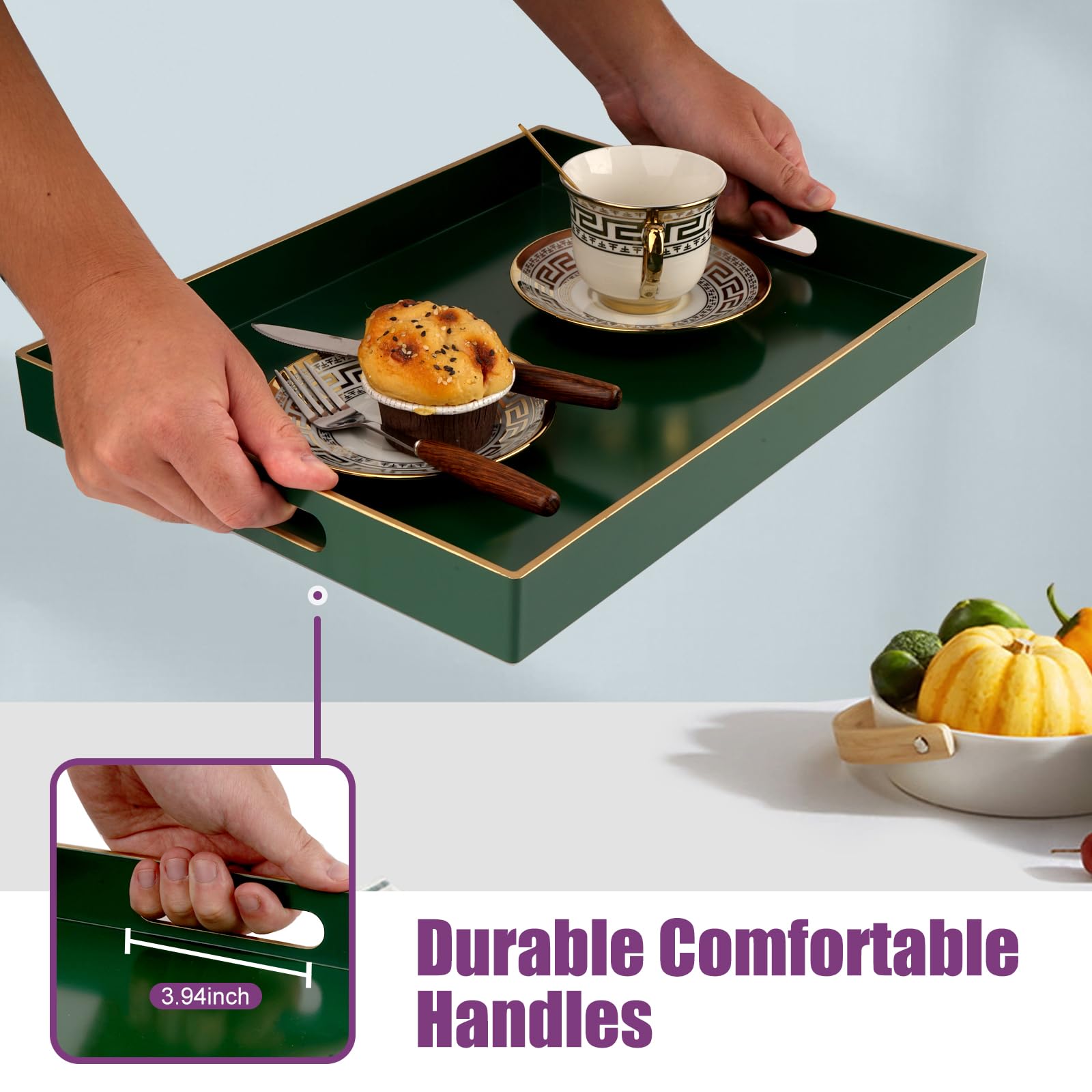 Gifturbo Bandeja de servir verde con asas, bandeja rectangular de plástico elegante decorativa para mesa de café otomana, sala de estar, baño, decoración del hogar, bandeja de tocador con ribete