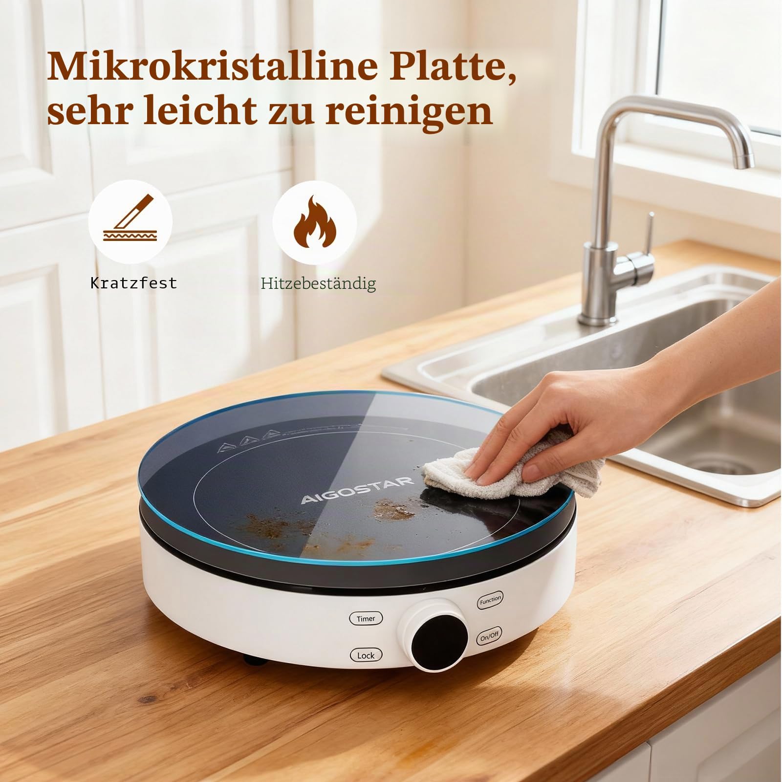 Aigostar Induktionskochplatte 2000W Glaskeramik Digitalanzeige Sensor Touch Timer