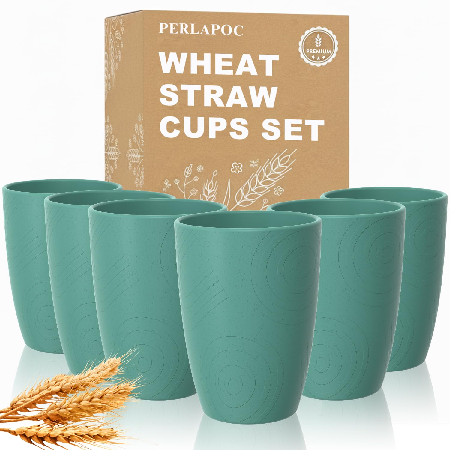 Reusable Wheat Straw Cups Set of 6, 16 OZ Unbreakable Cups, Green