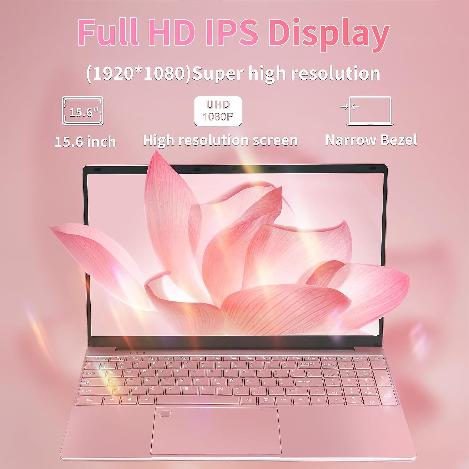 Fsjun 15.6'' Rose Gold Laptop, 12th Gen N95 (Up to 3.4GHz), 16GB DDR4 RAM, 512GB NVMe SSD, IPS FHD Display, Win11 Pro, Office 2019, USB 3.0, 2.4G/5GHz WiFi, Backlit KB, Mini... - Image 3