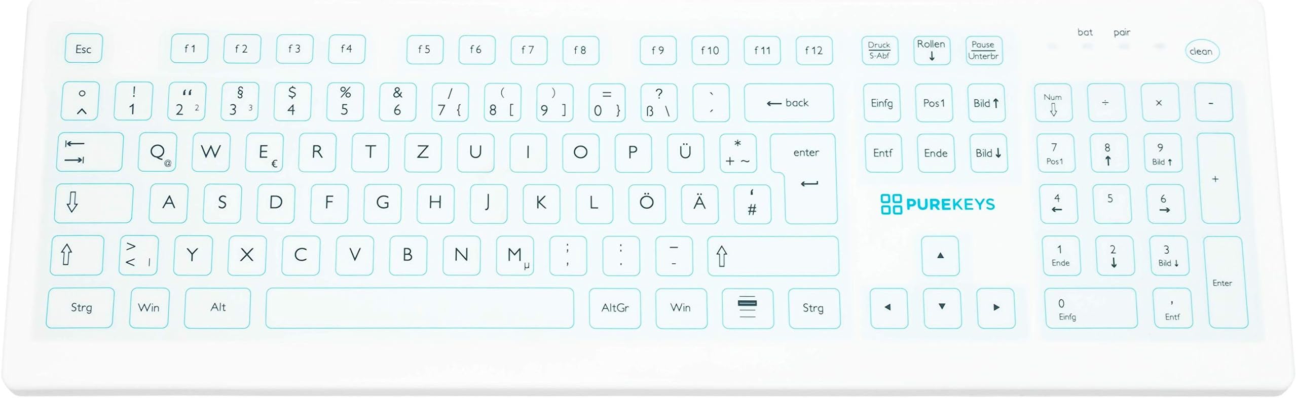 Purekeys Professional Wireless Medical Hygiene Keyboard with Smooth Surface for Disinfection in Seconds, with Very Good Button Pressure, IP 66 Protection Class, German QWERTZ Keyboard Layout, Ideal for Doctors Surgeries, Dental Practices, Urolology, Endoscopy, General Medicine, Clean Room, Hospitals and Clinics, Includes 4 x AA Batteries