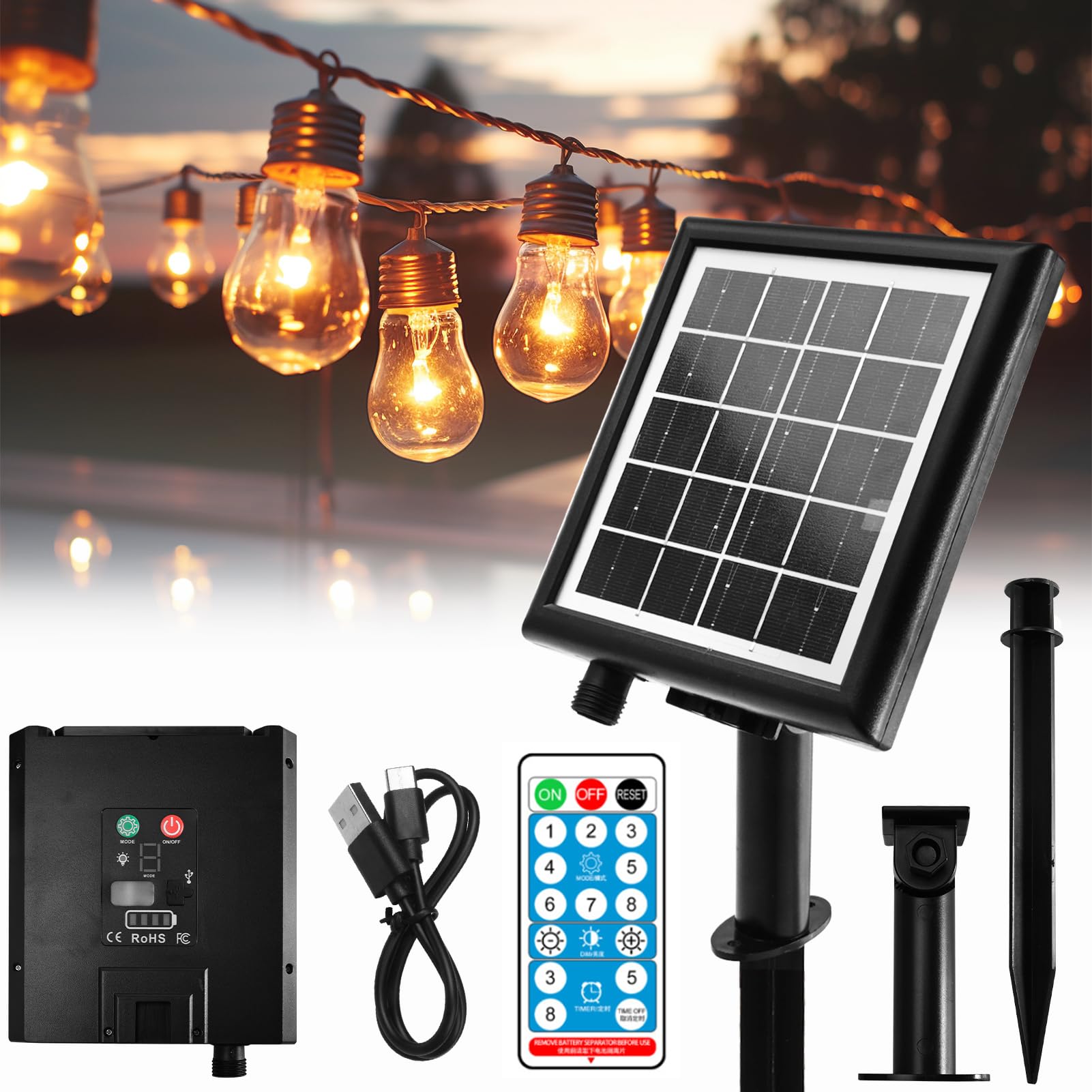 Joycabin 2400mAh Solarpanel Ersatz für Lichterketten mit Fernbedienung 8 Beleuchtungsmodi Wasserdicht Einstellbare Leuchtkraft Solar Lampe String Controller für Solarpanel Lichterkette Außen