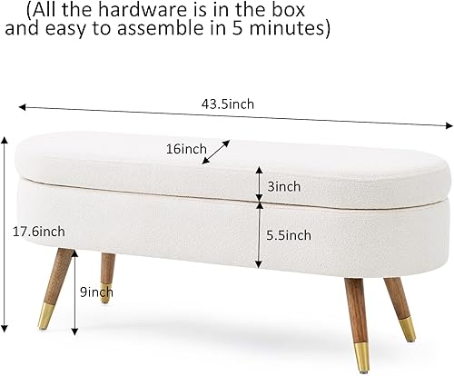 Miniatura 16 de IAFIKE Banco de almacenamiento ovalado de 43.5 pulgadas, banco otomano tapizado de tela boucle con patas de metal dorado, extremo de cama para