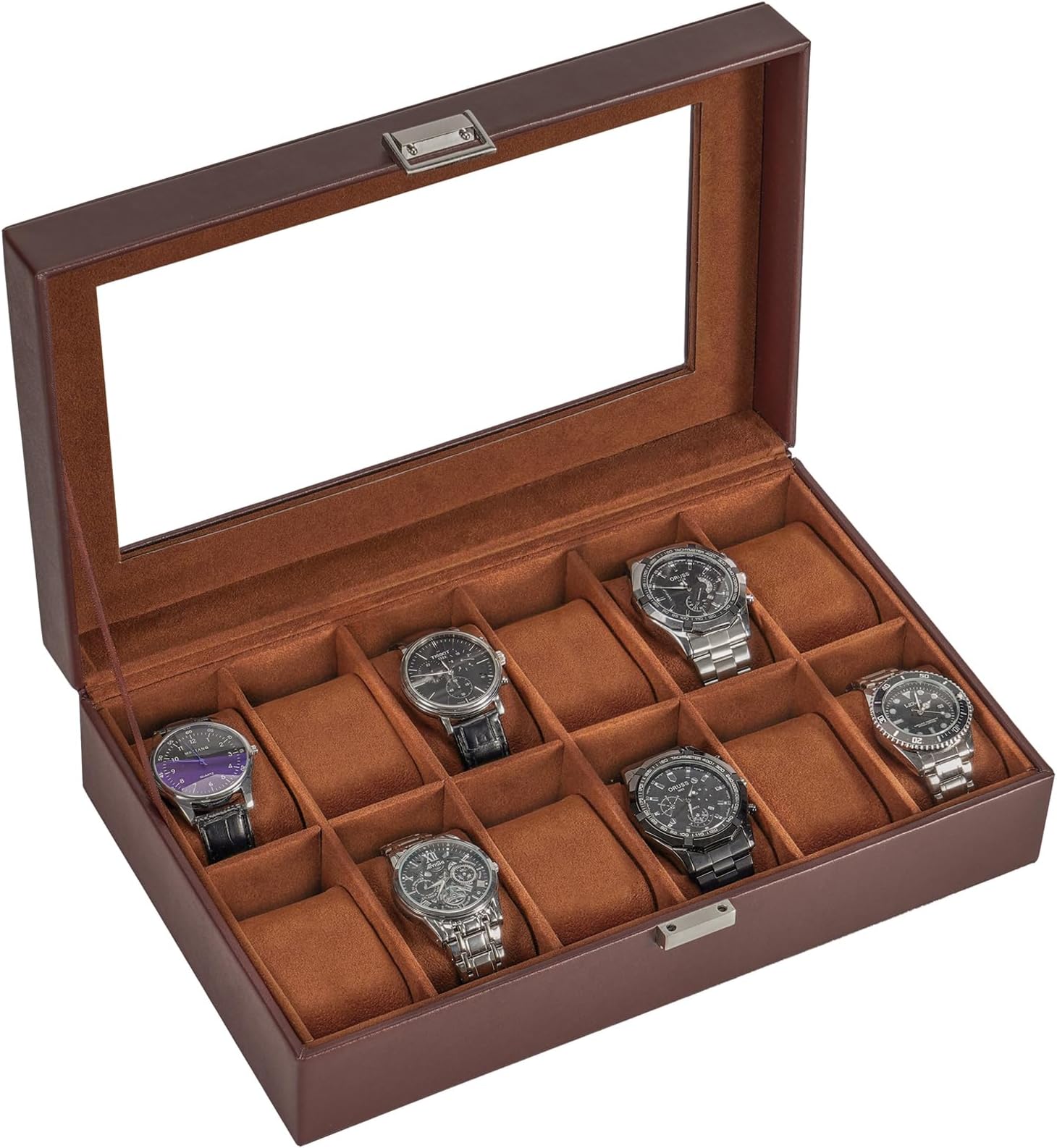 ProCase Watch Box Organizer for Men, 12 Slot Watch Display Case With Glass Lid, PU Leather Watch Storage Mens Watch Case, Watch Holder Organizer for Men Women -12 Slot, Brown