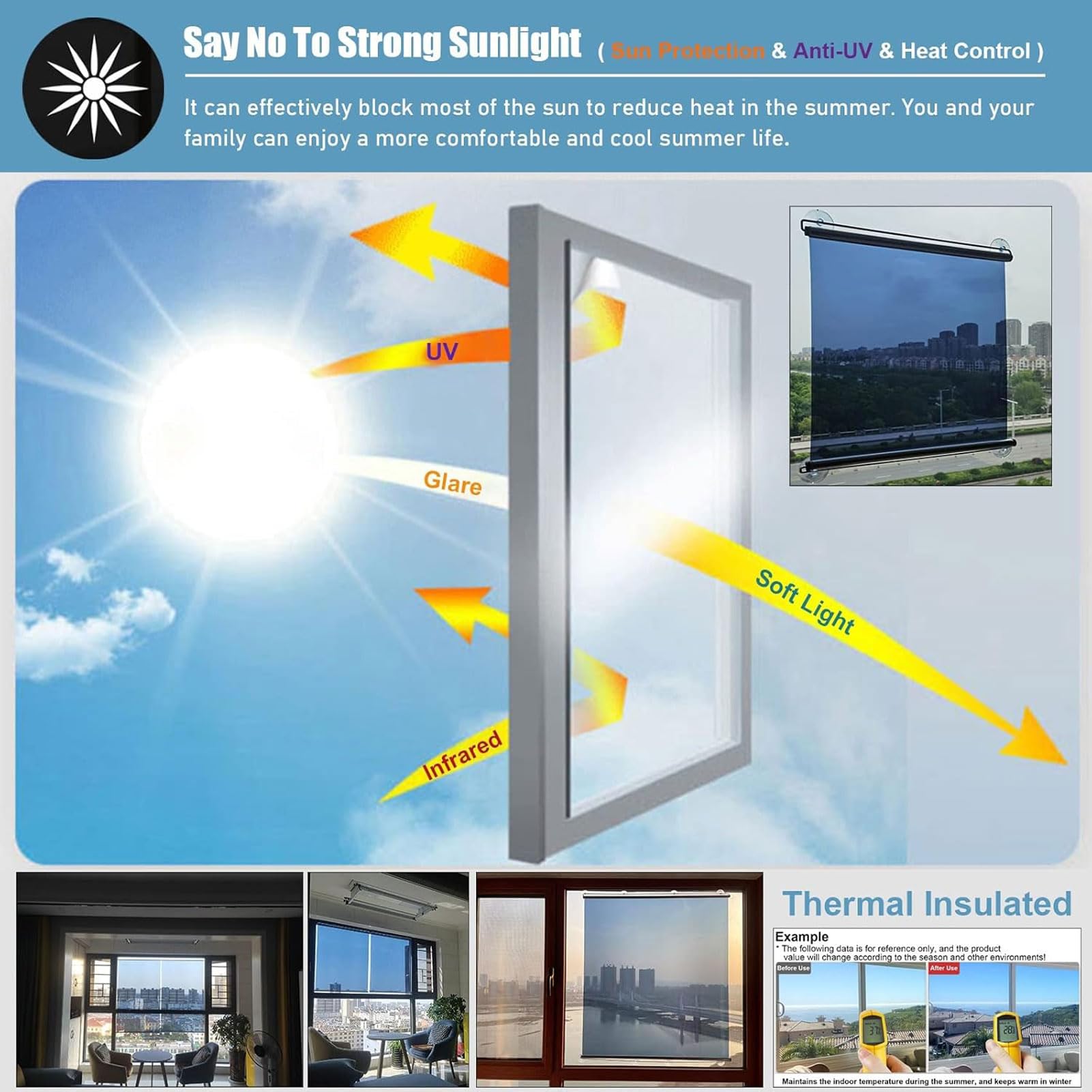 HUHJYUGE Persiana Enrollable, Persiana Opaca con Ventosas, Retráctil Portátil Cortina de Sombra, Cortinas Enrollables de Protección Solar, Cortinas de Privacidad Temporal (140X150cm)