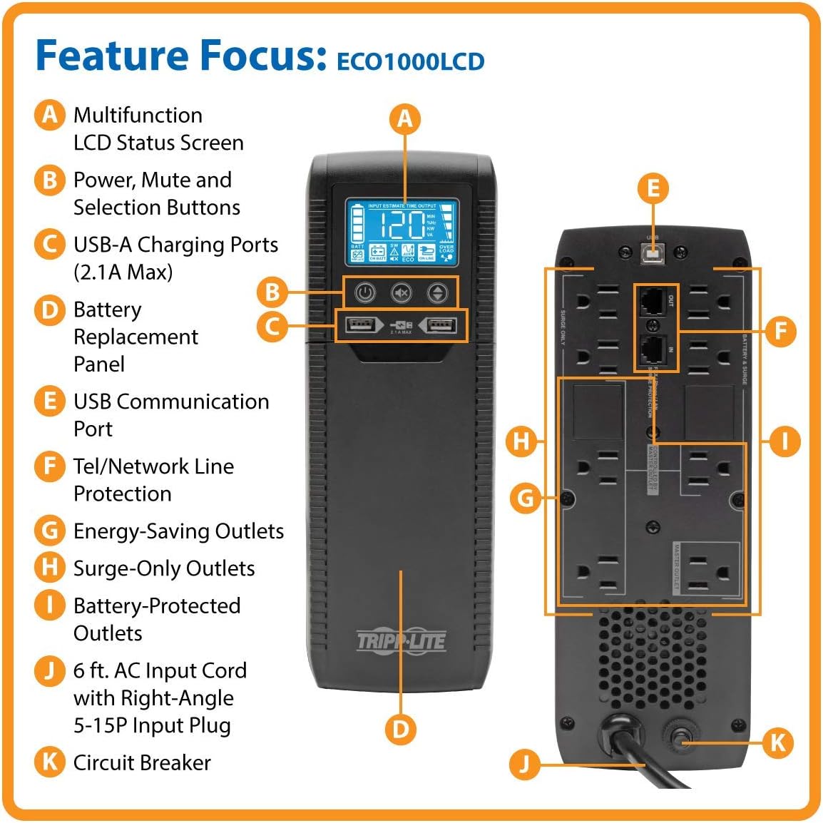 Tripp Lite 1000VA UPS Battery Backup Surge Protector ENERGY-STAR Certified, AVR, 8-Outlet Uninterruptible Power Supply, USB Charging, RJ45 Protection, 3-Year Warranty & $250,000 Insurance (ECO1000LCD)