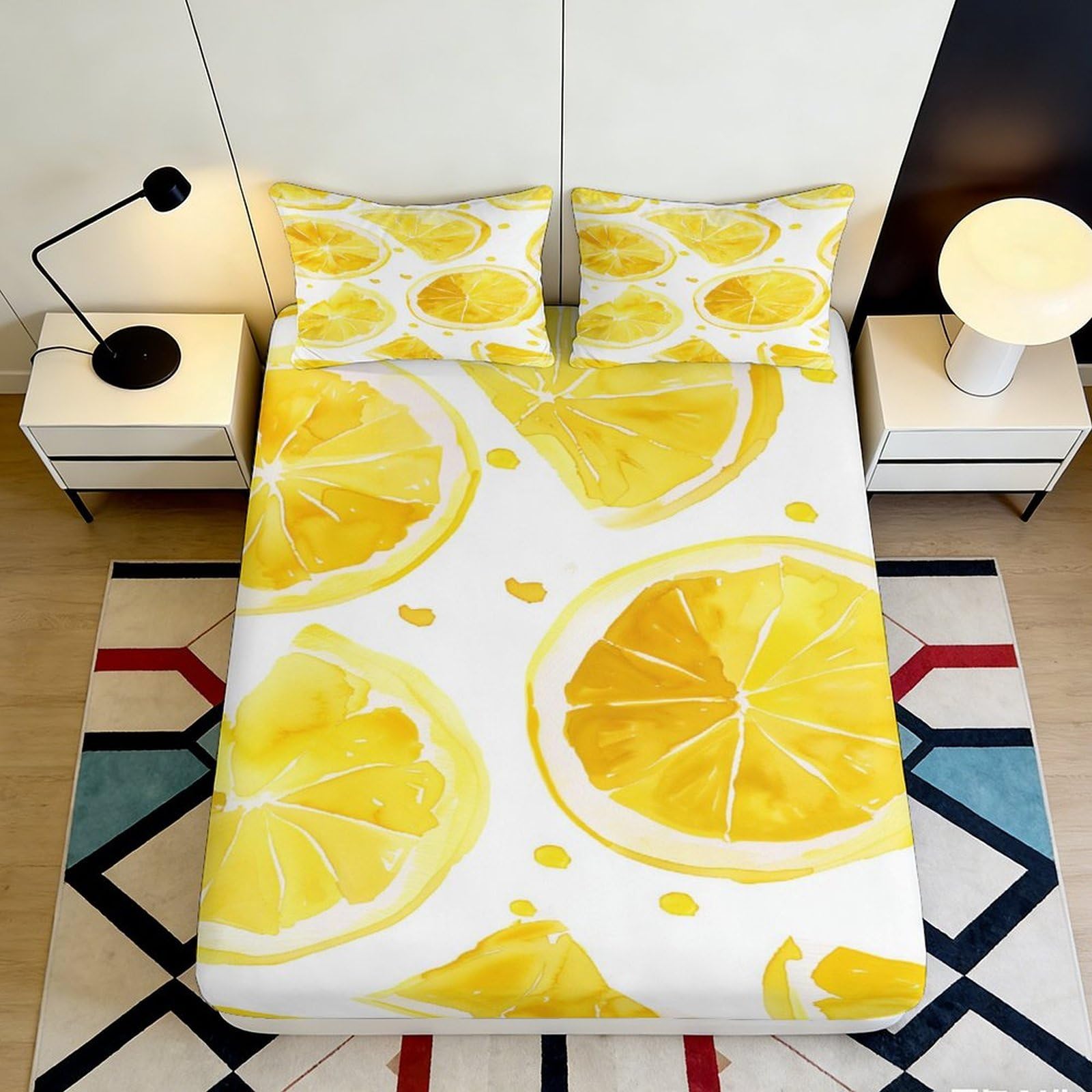 3D Printed Yellow Lemon Pattern Fitted Sheet Microfiber Soft Breathable Citrus Fruit Mattress Cover for Bedroom Dormitory Guest Room Protection Decor 120x200x25cm