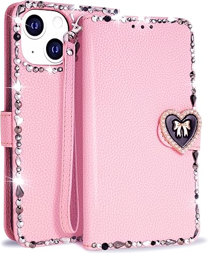 Miniatura 1 de FLYEE Funda tipo cartera de cristal hecha a mano compatible con iPhone 15 (6.1 pulgadas, 2023), bonita funda versátil y brillante para mujer con