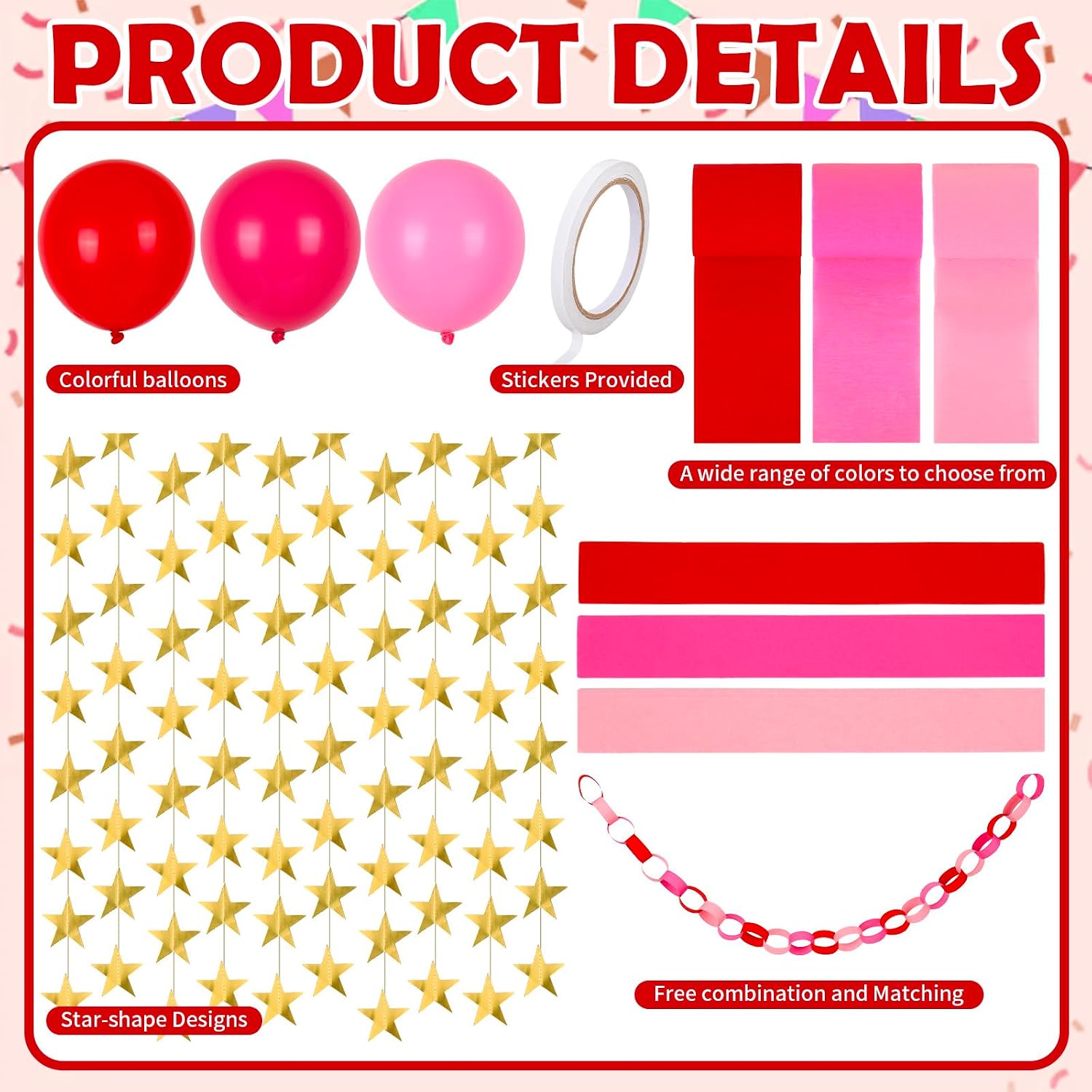FYSUIMU Red Pink Decorations 300Pcs Paper Chain Stripe 60Pcs Balloon 492 Ft Crepe Paper Streamer 65.6 Ft Gold Star Garland for Valentine Bachelorette Birthday Party Backdrop DIY Crafts