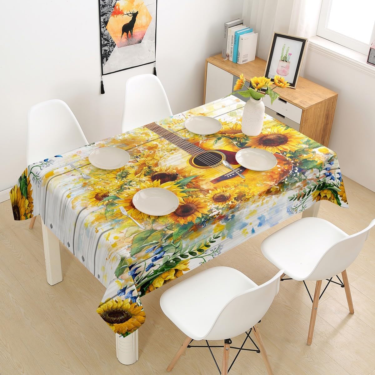Homewish Sunflower Tablecloths,Guitar Music Theme Table Cloth for Kids Boys Girls Adult Room Decor,Rustic Farmhouse White Wooden Table Accessories Watercolor Floral Table Cover,55"x55"