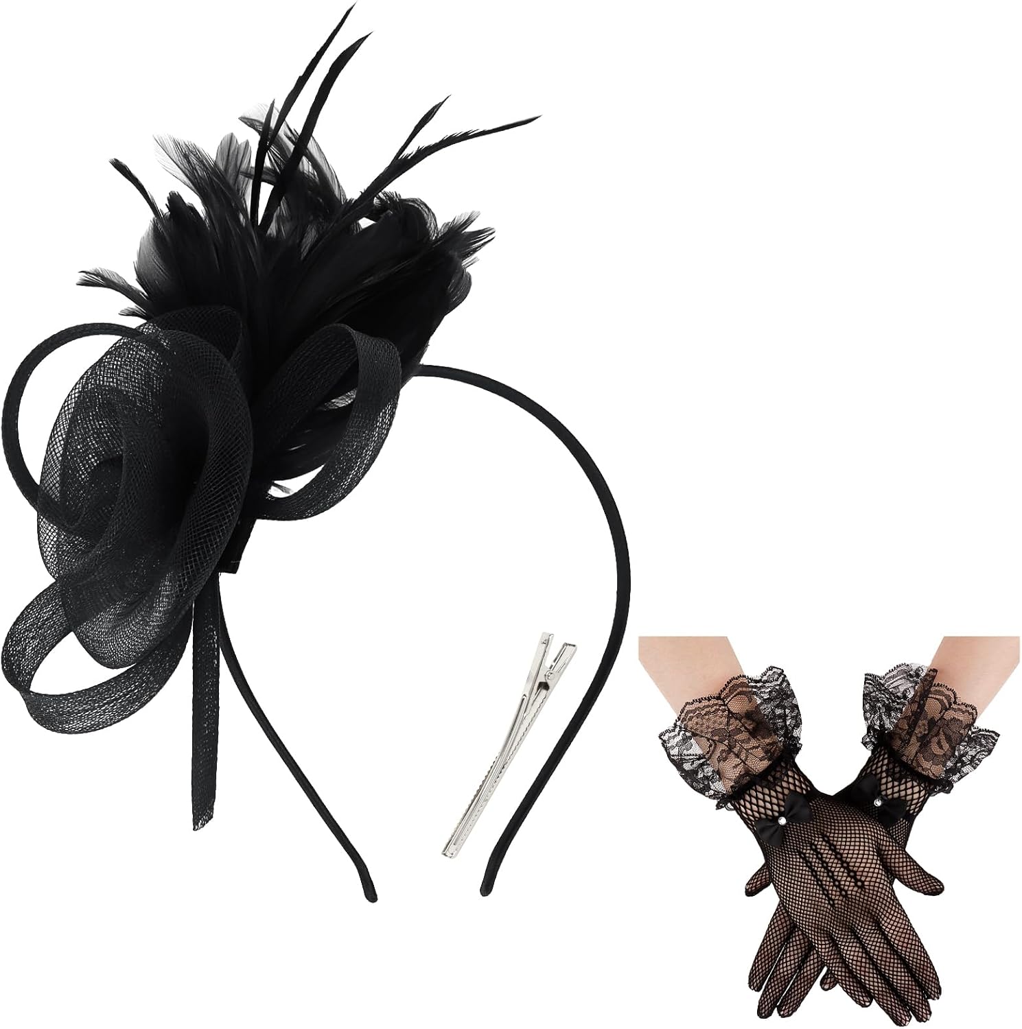 Fascinators Hats for Women and Lace Gloves Set, Derby Hat Vintage Tea Party Hats Headband 1920s Accessories for Women Girls