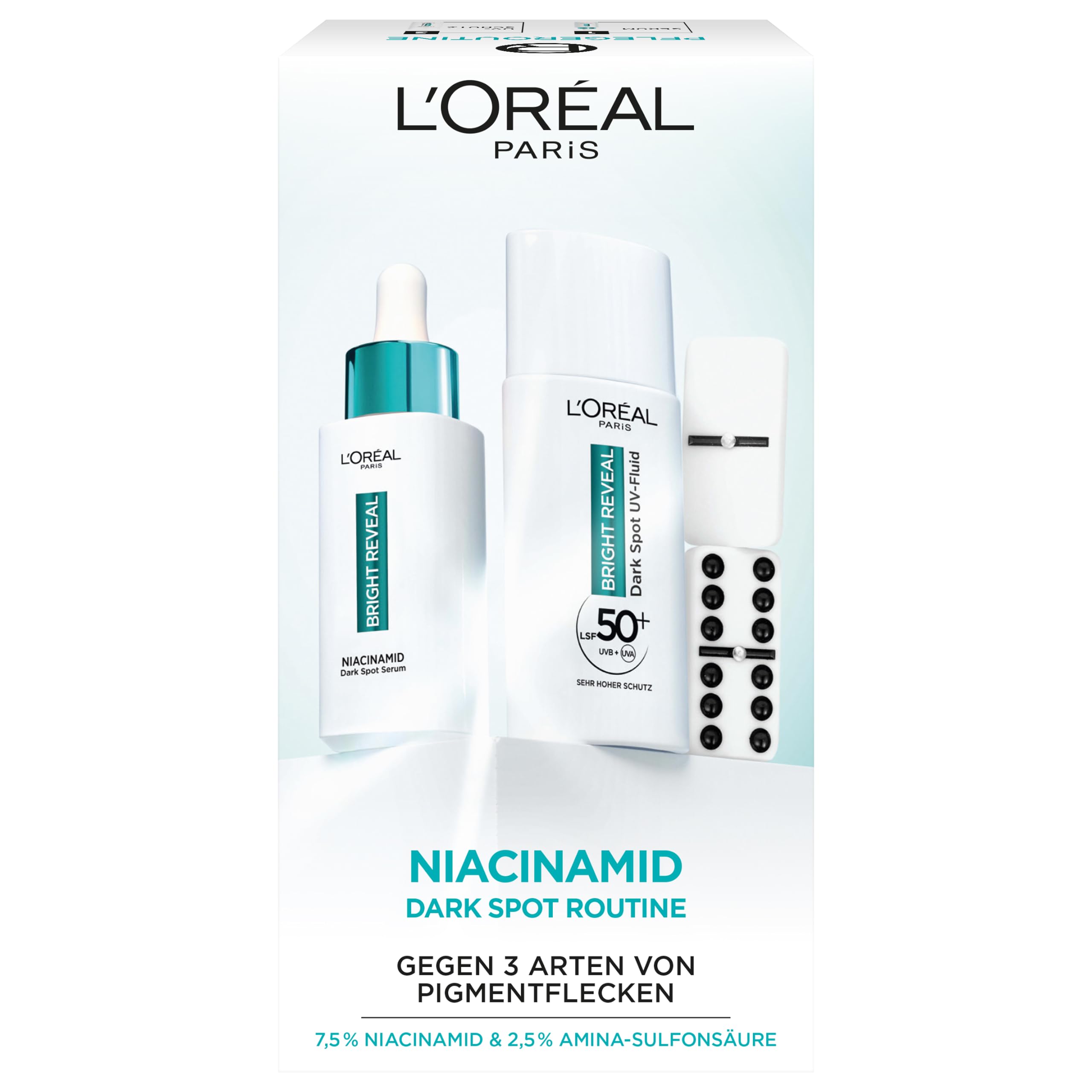 L'Oréal Paris Anti- Pigmentflecken Set: Bright Reveal Niacinamid Serum & UV Fluid LSF50, für strahlende & ebenmäßige Haut