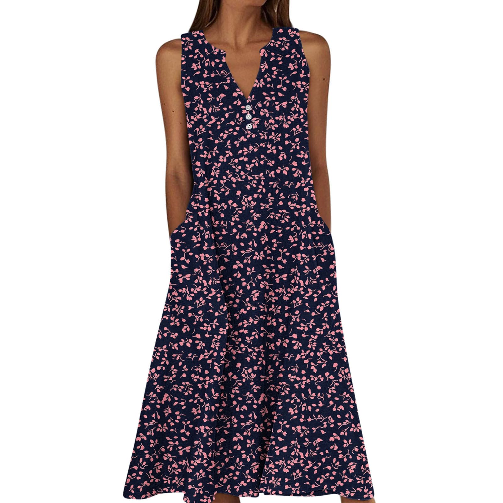 Summer Floral Print Midi Dresses for Women Boho Sleeveless V Neck Tank Dress Beach Vacation Sundress with Pockets — view 6