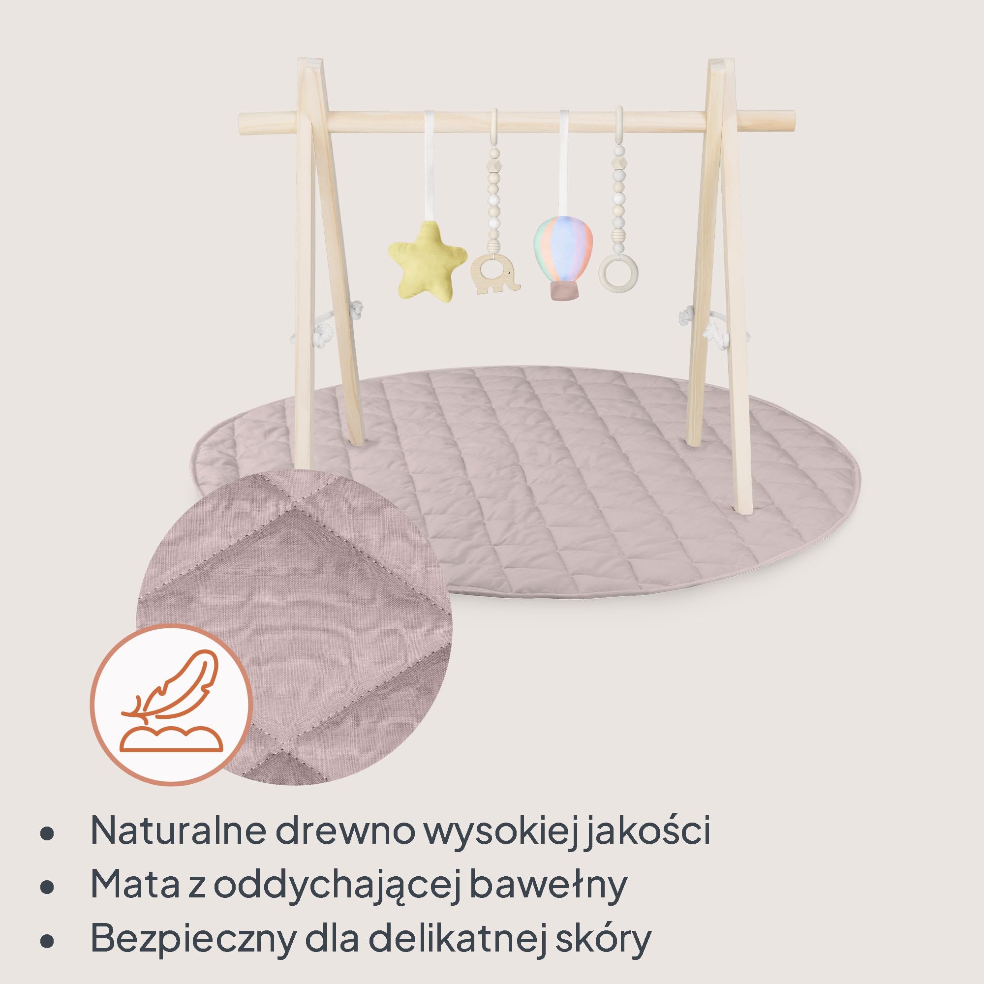 Lionelo Anis Set Mata Edukacyjna z Drewnianym Pałąkiem Miękka Bawełna dla Delikatnej Skóry, Antypoślizgowa 2 cm do Brzuszka i Raczkowania, 4 Zabawki Sensoryczne, Składana, na Prezent, 0+, 101 cm