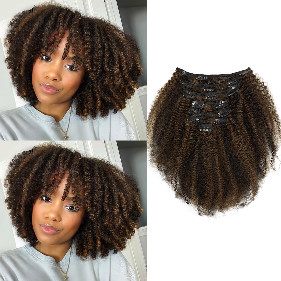 Caliee Curly Clip in Human Hair Extensions Black with Brown - 7pcs 120g Real Human Hair Clip in Extensions Afro Kinky Curly Hair 12 Inch
