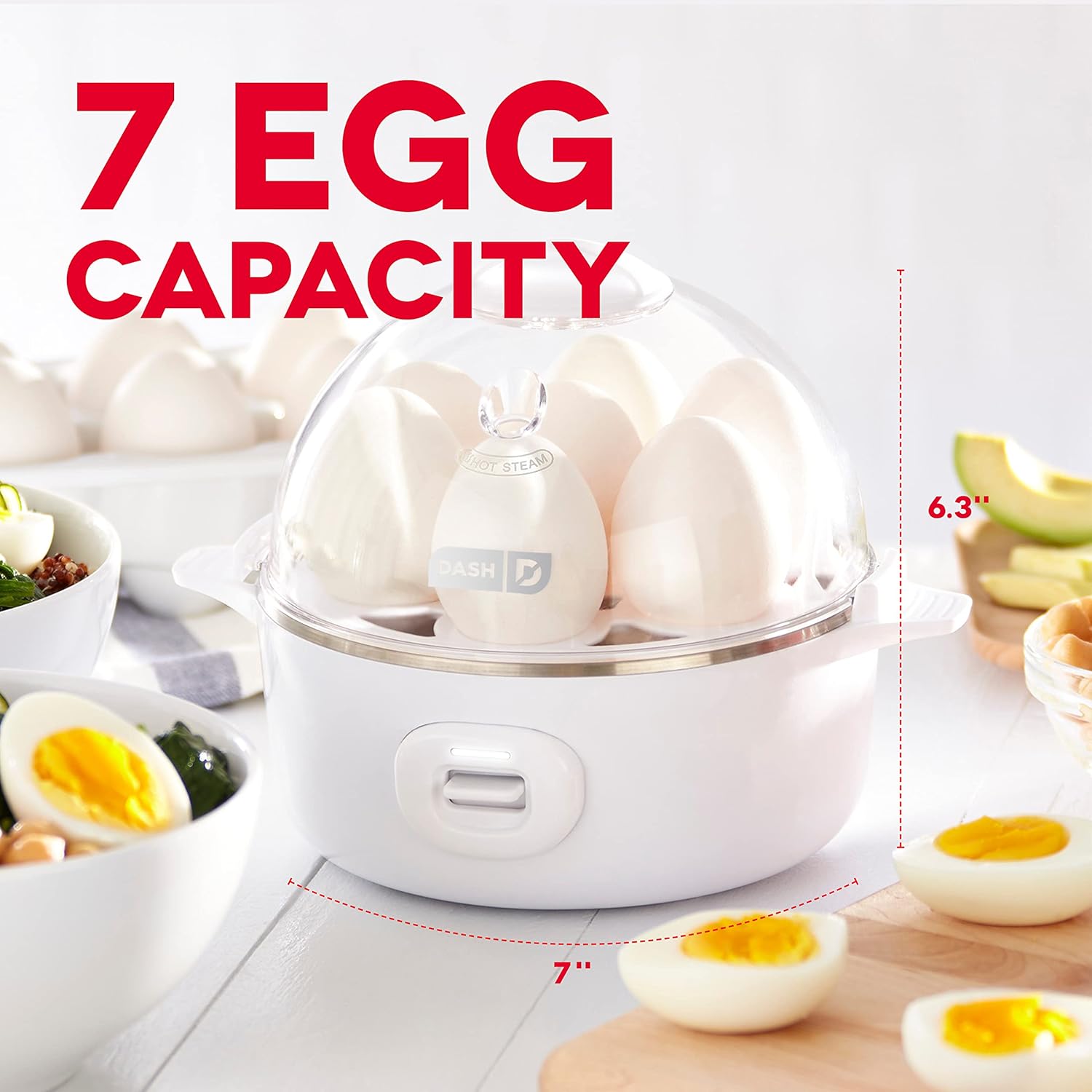 Dash Express Electric Egg Cooker with 7 eggs inside, showing its compact dimensions of 7 inches length, 7 inches width, and 6.3 inches height.