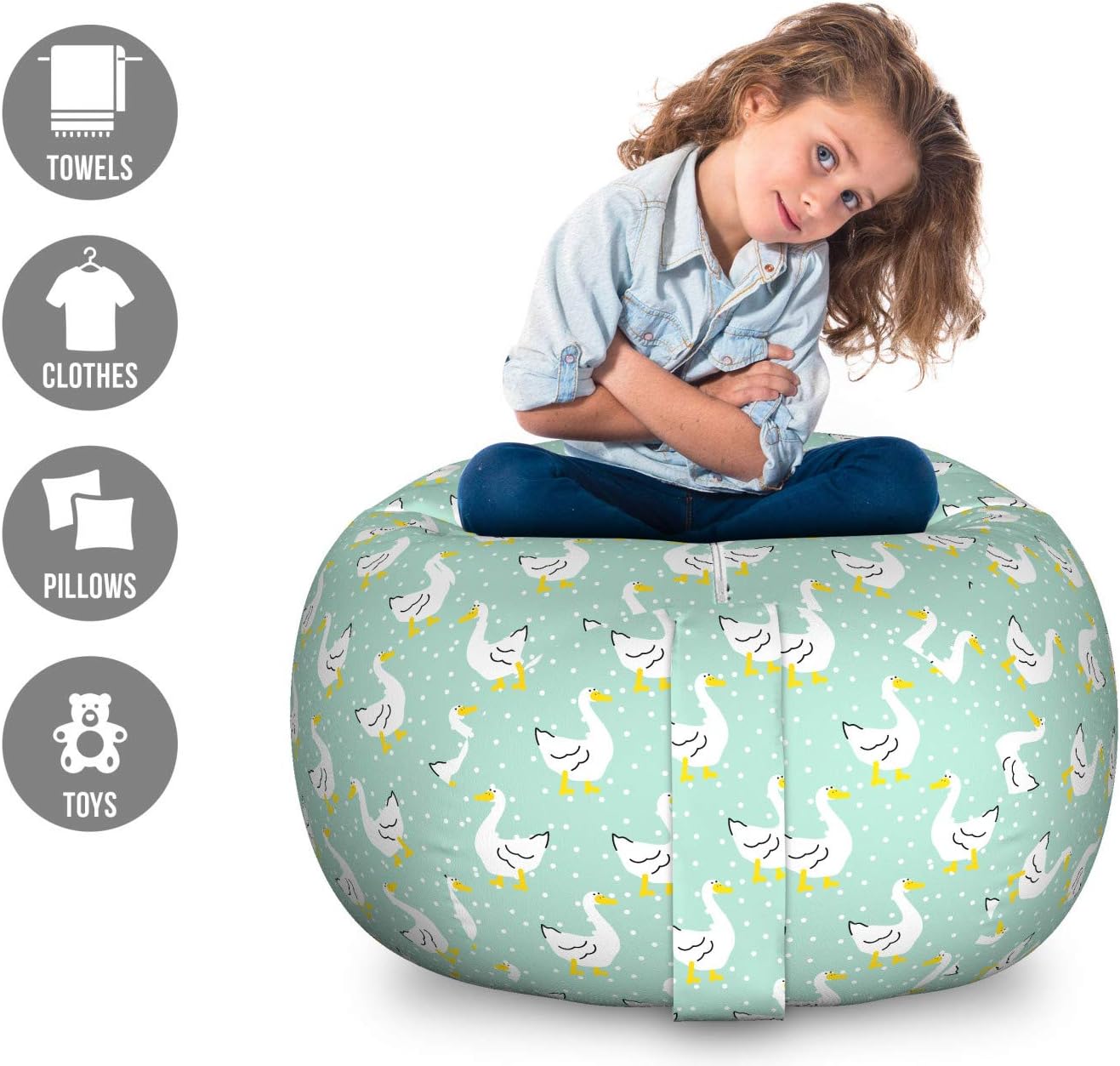 Ambesonne Animal Print Storage Toy Bag Chair, Themed Goose Cartoon with Polka Dots Print, Stuffed Animal Organizer Washable Bag, Large Size, Mint Green Earth Yellow