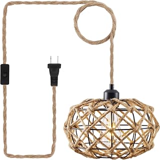 Industrial Plug in Pendant Light with On/Off Switch, Hanging Lights with Plug in Cord 15ft Hemp Rope Hanging Lamp, Farmhouse Woven Rattan Pendant Lamp for Living Room Bedroom Kitchen