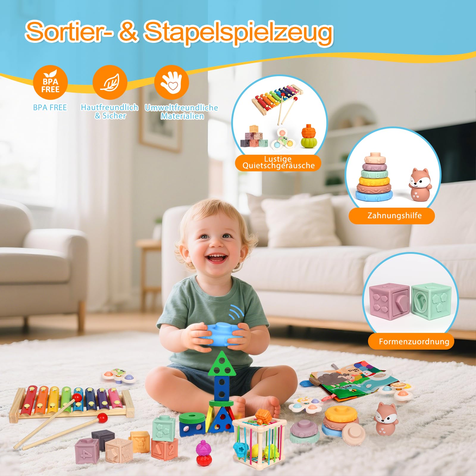 Montessori zabawka dla małych dzieci w wieku 1-3 lat, zabawka edukacyjna 7 w 1, zestaw z książką z materiału, klocki do układania w stos i zabawką sensoryczną, prezent dla chłopców i