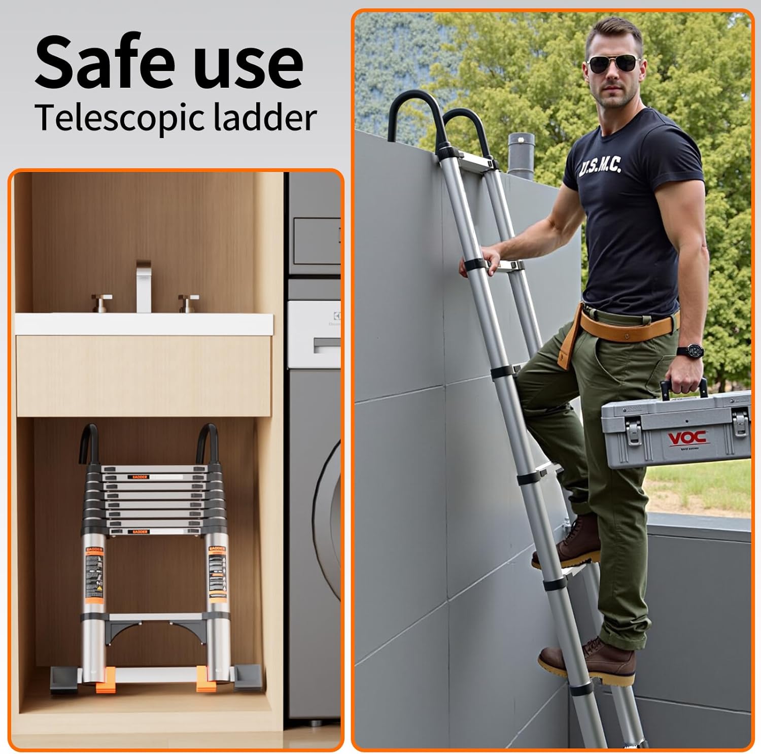 Telescoping Ladder,12.5FT Aluminum Multi-Purpose Collapsible Ladder with Stabilizers and Hooks,Jiashche Portable Extension Ladder for RV or Outdoor Work Silver,330lb Max Capacity